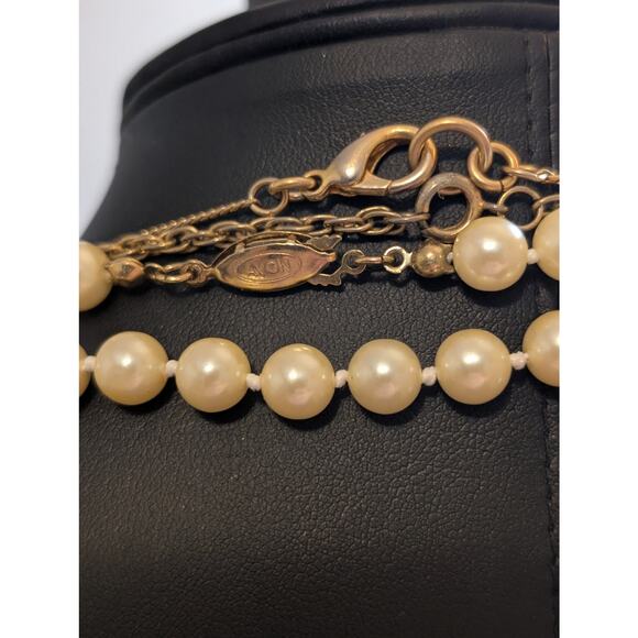 Layered Blue Rhinestone Faux Pearl Beaded Gold Tone Chain Lot of Three Necklaces - Picture 6 of 7